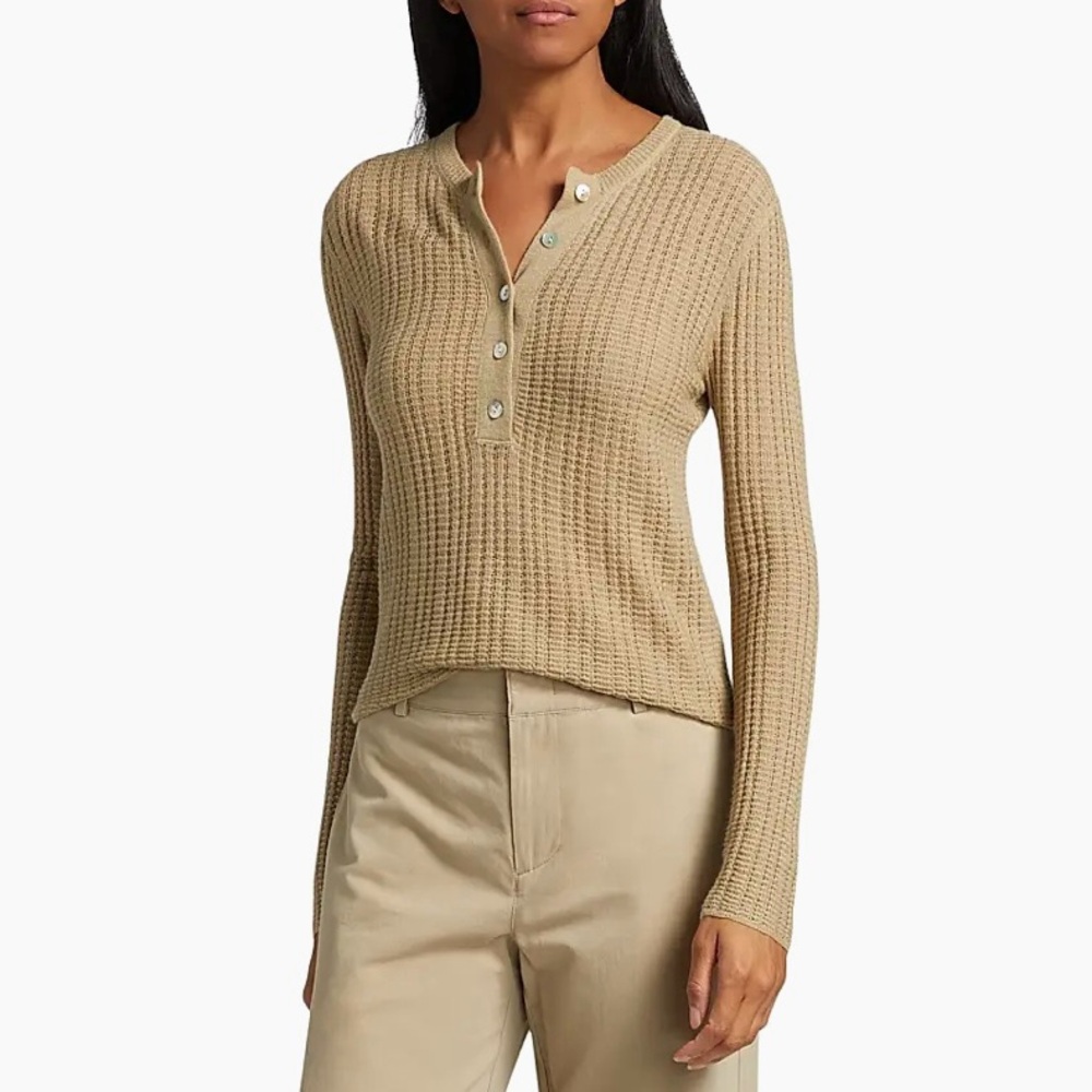 Vince Cashmere and Silk Blend Tan Waffle Knit Henley Top size M